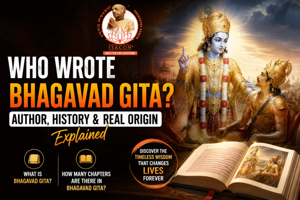 Lord Krishna explaining Bhagavad Gita to Arjuna on the battlefield of Kurukshetra with Prabhupad Ashraya ISKCON logo and title Who Wrote Bhagavad Gita? Author, History & Real Origin Explained.